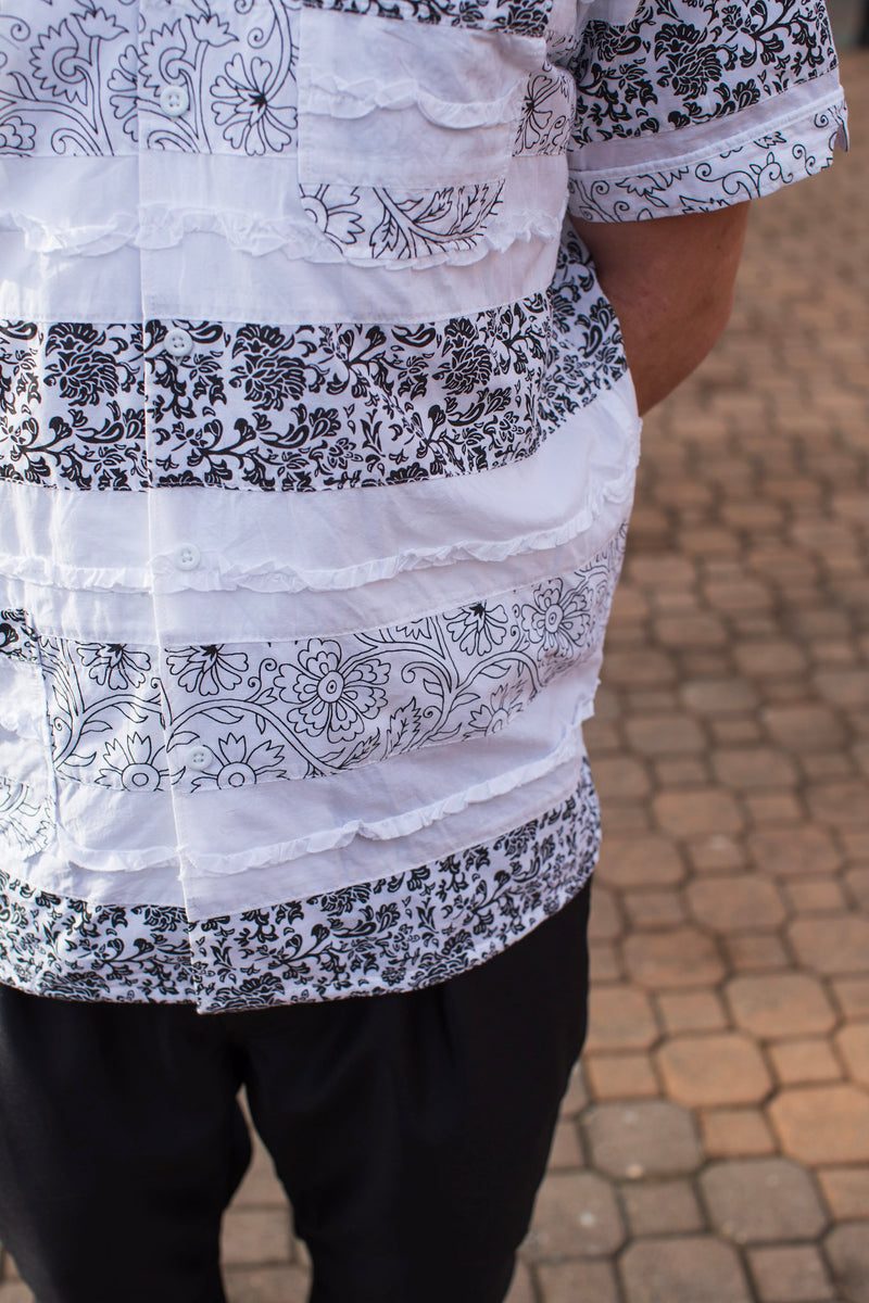 Camp Shirt White Cotton Fringe Patchwork
