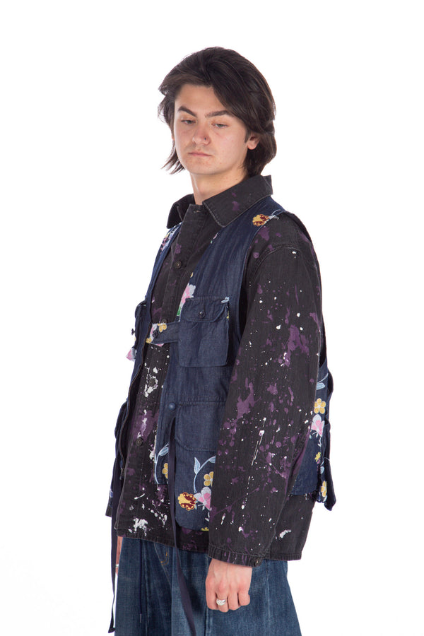 Indigo Denim Floral Embroidery Game Vest