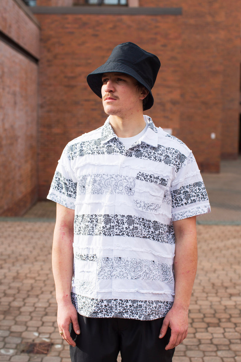 Camp Shirt White Cotton Fringe Patchwork