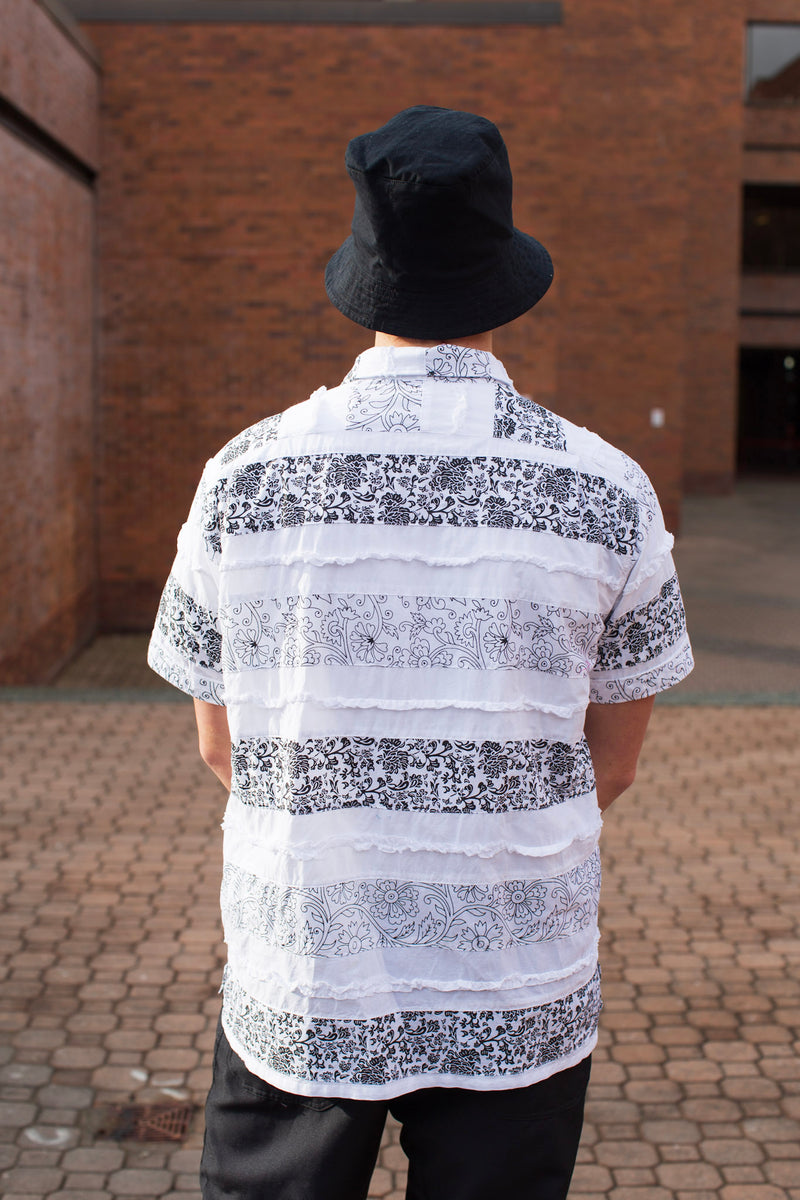 Camp Shirt White Cotton Fringe Patchwork