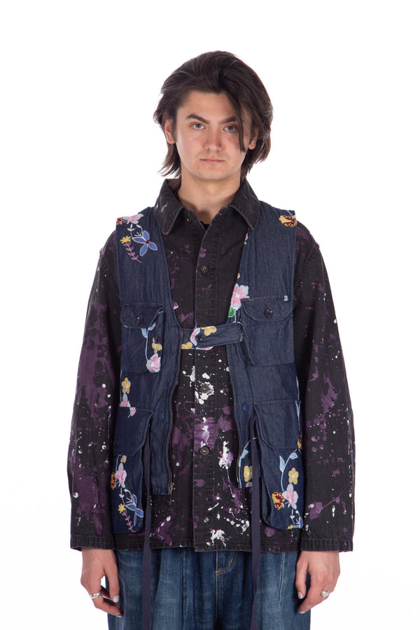 Indigo Denim Floral Embroidery Game Vest