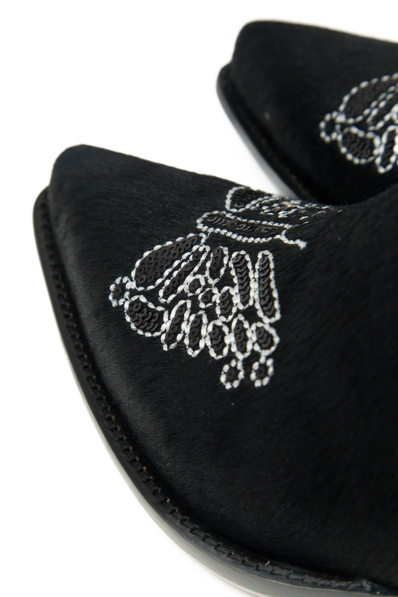 Papillon Embroidered Mule Black Pony Hair